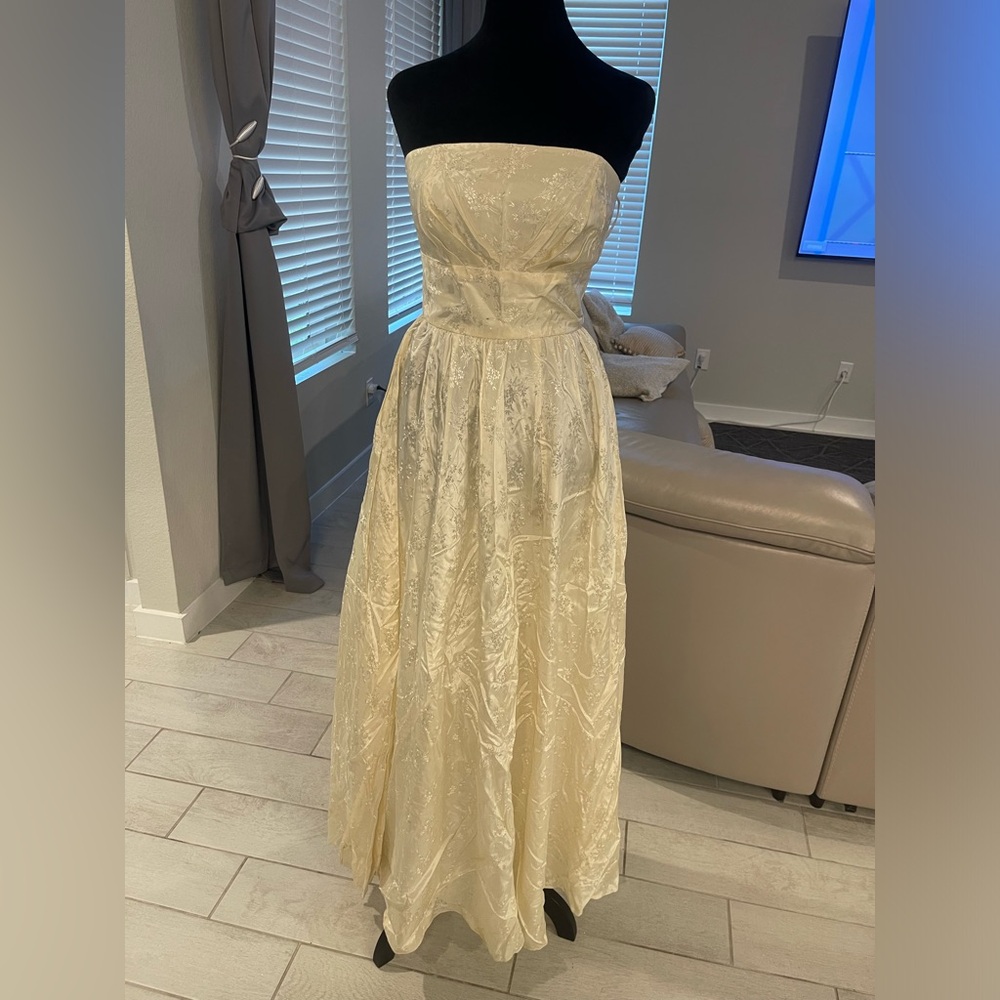 Vintage strapless cottagecore Victorian maxi wedding gown Sz XS